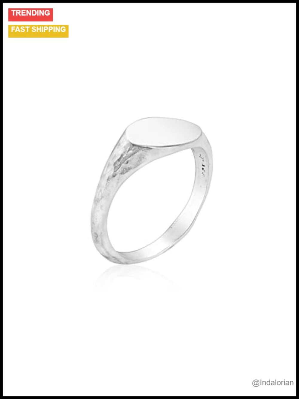 Solid 925 Sterling Silver Oval Signet Ring Slim Hammered Band Minimalist